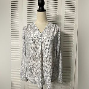 BY DESIGN WOMEN'S WHITE POLYESTER BLOUSE BLACK POLKA LONG SLEEVES SIZE S